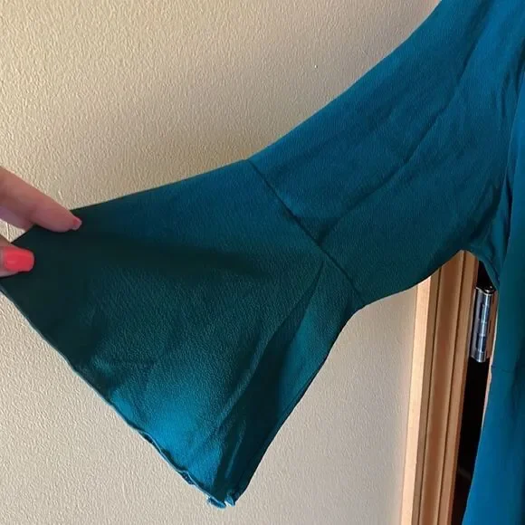 Green Wrap Dress with Bell Sleeve - Picture 2 of 6